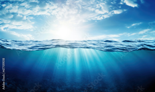 Underwater scene with sun rays coming out of the water surface. High quality photo