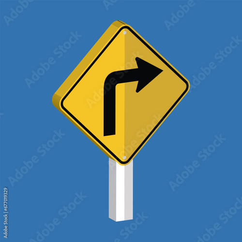 Right Turn traffic Sign 3d shape vector illustration