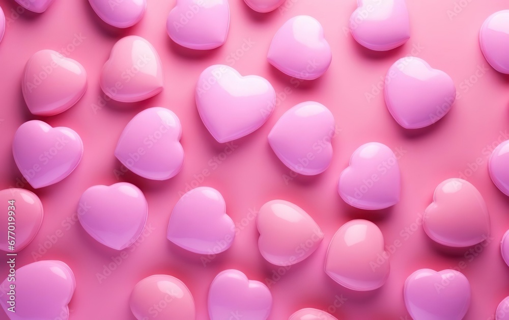 Bright pink background with plastic hearts, over the shoulder, top view, flat lay. Valentines day, engagement or wedding party poster. AI Generative Bright pink background with plastic hearts, over the shoulder, top view, flat lay. Valentines day, engagement or wedding party poster. AI Generative