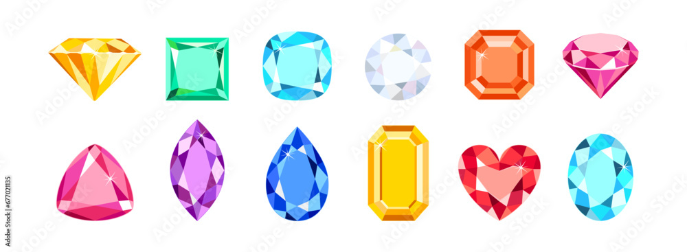 Gems of different shapes and colors isolated on white. Set of diamonds. Vector cartoon flat illustration. Gems of different shapes and colors isolated on white. Set of diamonds. Vector cartoon flat illustration.