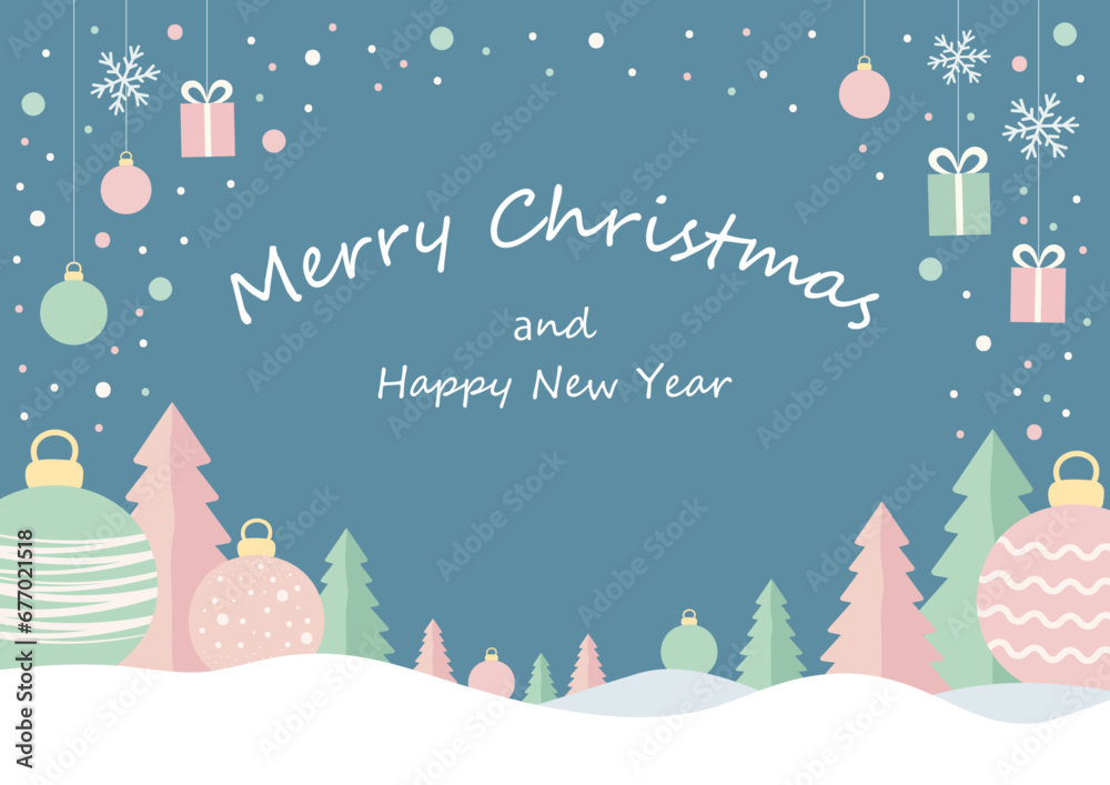 オーナメントとツリーのクリスマスカード、コピースペースのあるフラットデザイン、背景ブルー