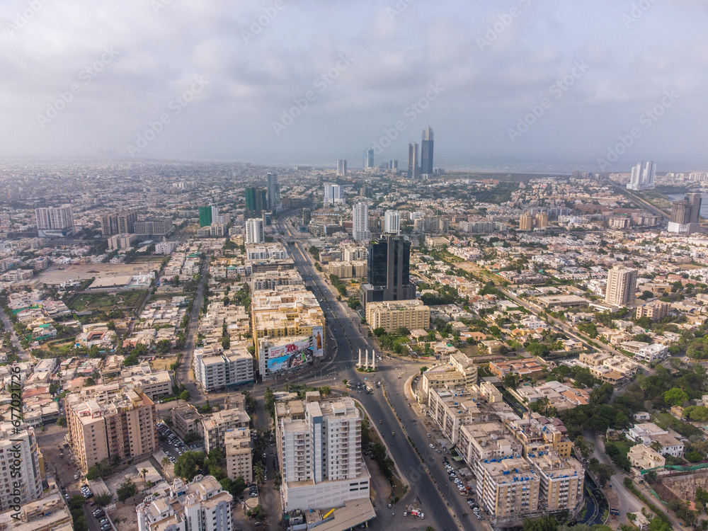 Karachi Pakistan June 2021, Aerial picture of a Teen Talwar and HBL Head Office in Karachi, cityscapes and landmarks of Karachi city
