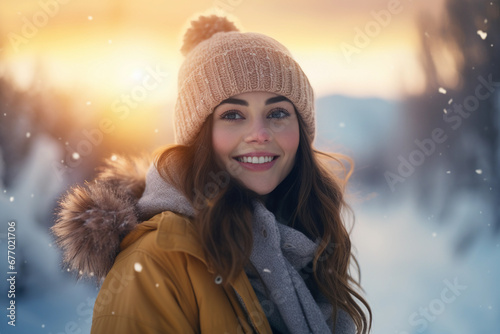 Winter Glow: Smiling Woman in Sunset Light