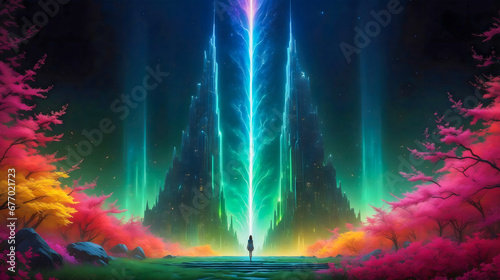 Psychedelic image of a futuristic monolith  pulsating with vibrant energy.