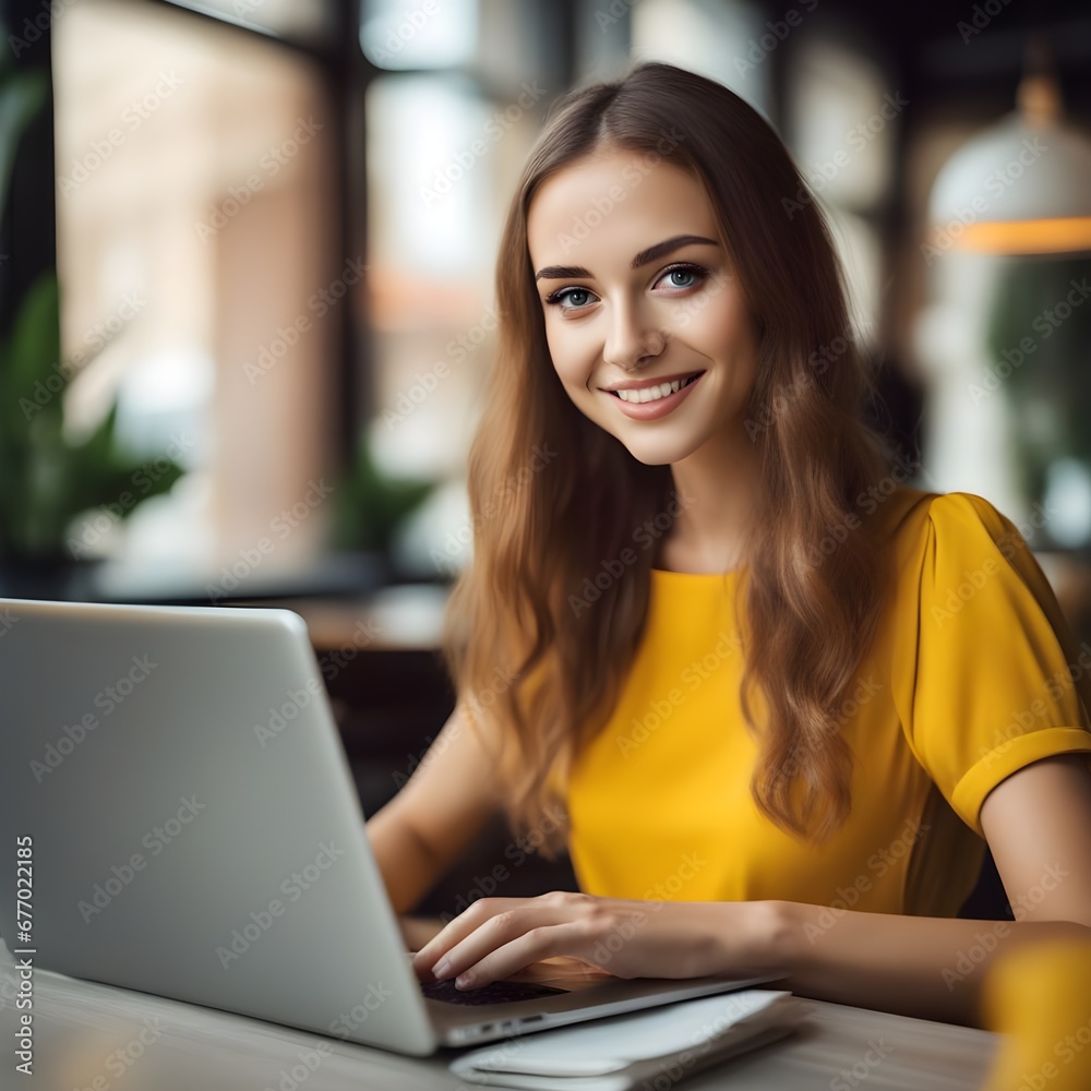 Happy beautiful young smart woman in colorful dress working on laptop in the office