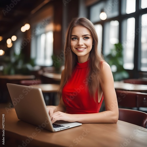 Smiling beautiful young smart woman in colorful dress working on laptop - girl freelancer or student 