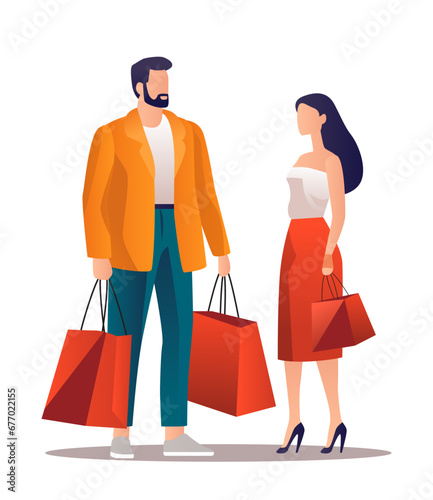 people in fashion clothes holding shopping bags season big sale special offer promotion discount full length isolated