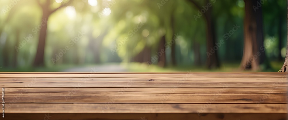 a wooden table top with a blurry background surrounded by greenery and sunlight a wooden table top with a blurry background surrounded by greenery and sunlight