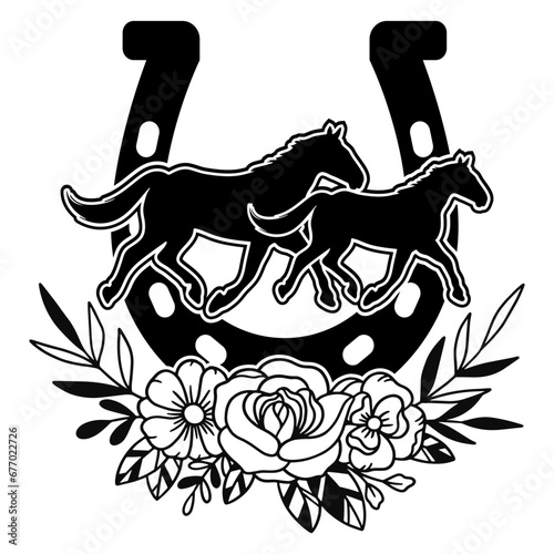 Running Horse Silhouette Svg, Horseshoe with Beautiful Flowers