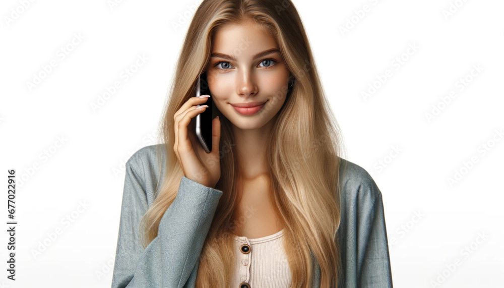 A beautiful young woman makes a phone call on her smartphone. A beautiful young woman makes a phone call on her smartphone.