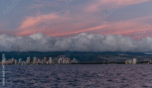 Scenic panoramic Honolulu and Waikiki coastline vista at sunset  Oahu  Hawaii
