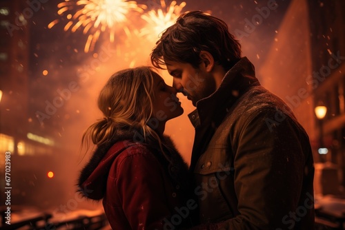 A couple is intimately close, their foreheads touching, against the backdrop of a cityscape lit by the fiery bursts of New Year's fireworks and the gentle fall of snow, new year kiss snow