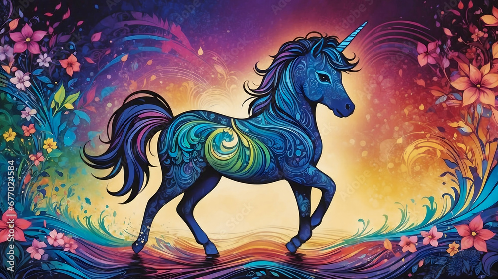 Graphic image of a unicorn surrounded by vibrant blossoms, evoking a whimsical blend of nostalgia and colorful enchantment. Graphic image of a unicorn surrounded by vibrant blossoms, evoking a whimsical blend of nostalgia and colorful enchantment.