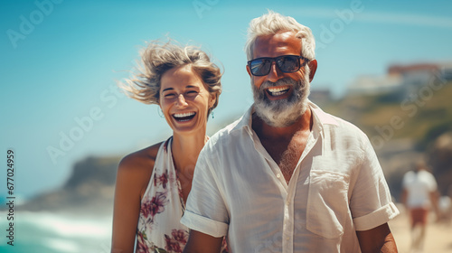 An elderly couple of happy tourists walking on a tropical beach on a sunny day. Active age concept photo