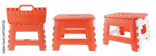 Set of red and white plastic foldable stool in front, back and side angles photo