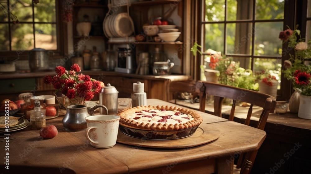 A rustic farmhouse kitchen with a large wooden table, vintage décor, and the aroma of a homemade pie wafting through the air. 