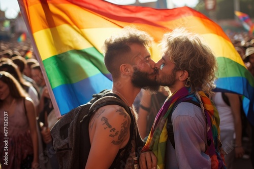 Gay couple kissing with rainbow flag in the street parade in Pride month with clear sky background.