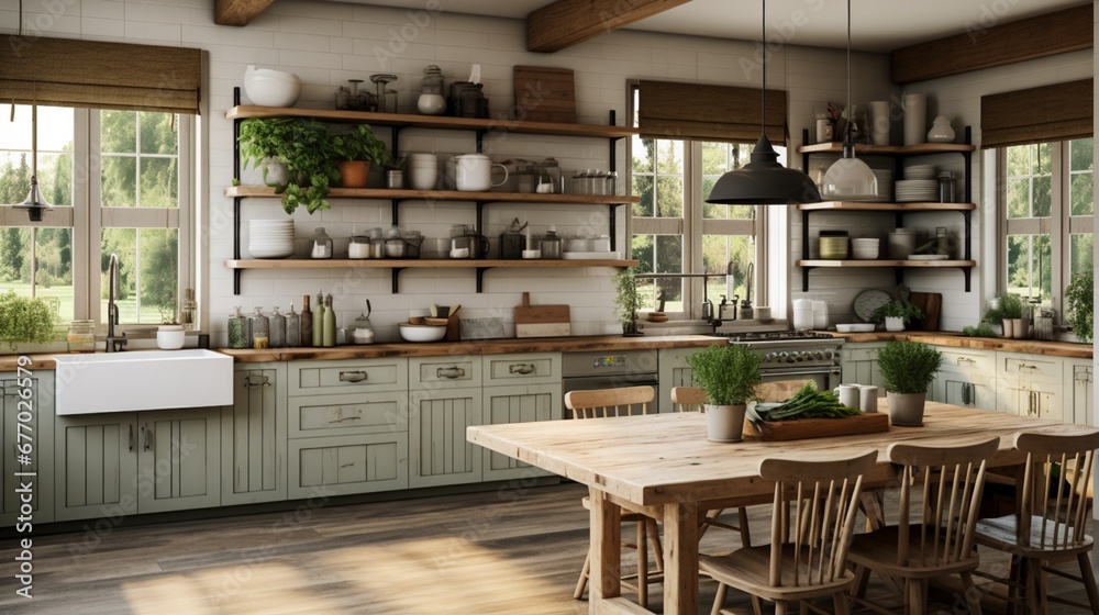 A rustic farmhouse kitchen with open shelving, farmhouse sink, and distressed wood accents for a cozy and charming culinary space