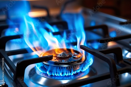 Close-up shot of blue fire from domestic kitchen stovetop. Gas cooker with burning flames of propane gas