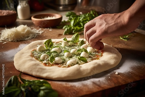 Woman's hands add mozzarella cheese to a traditional margarita pizza. Preparation of an Original Italian pizza