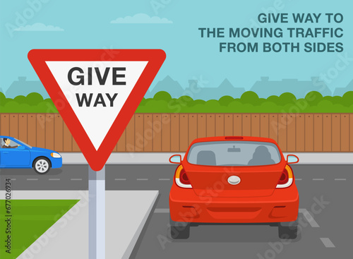 Safe driving tips and traffic regulation rules. Back view of a car stopped at junction. Close-up of a "Give way" sign. Flat vector illustration template.