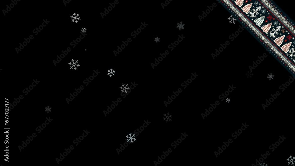 Motion graphic for Christmas Winter sale, Black Friday ads and banners with copy space on Black Background. Snowflake particles and ugly Christmas sweater textile band in the upper right corner