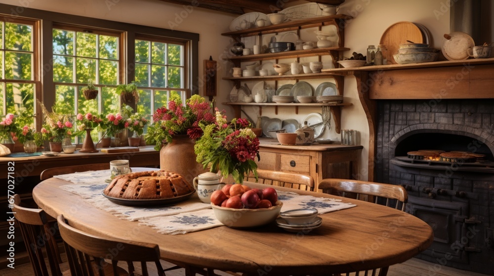 A rustic farmhouse kitchen with a large wooden table, vintage decor, and the aroma of a homemade pie wafting through the air.