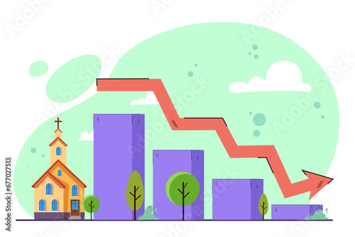 Church building and declining bar chart. Vector illustration. Decrease of popularity of religion, irreligiosity concept