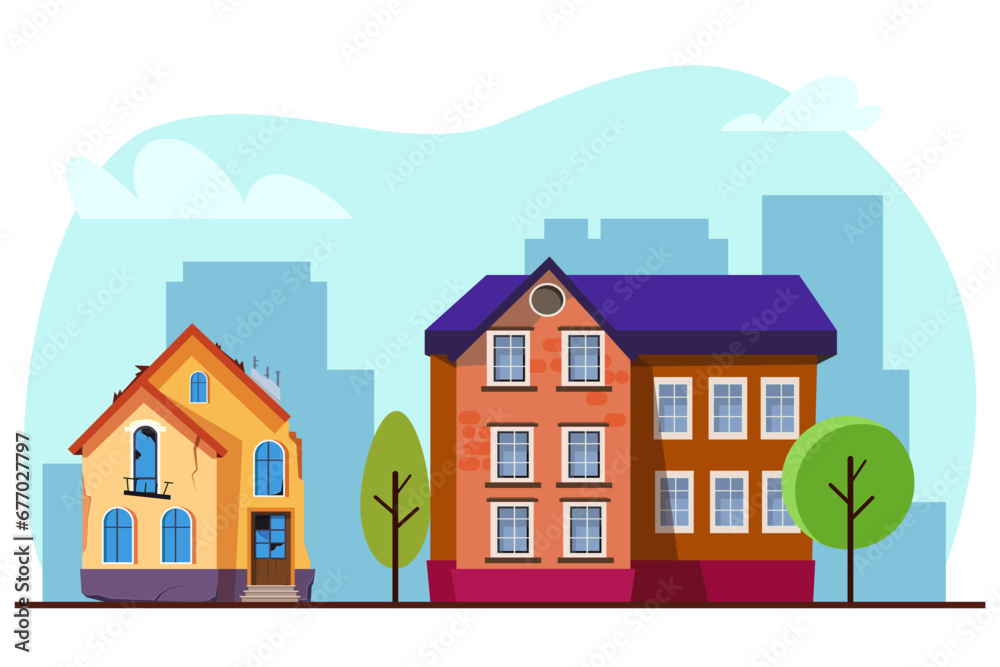 New and old houses nearby vector illustration. Modern and destroyed buildings. Housing crisis concept