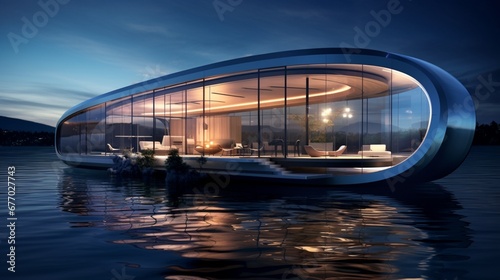 A sleek and futuristic floating home with a transparent facade, allowing occupants to enjoy underwater views, creating a unique and innovative design