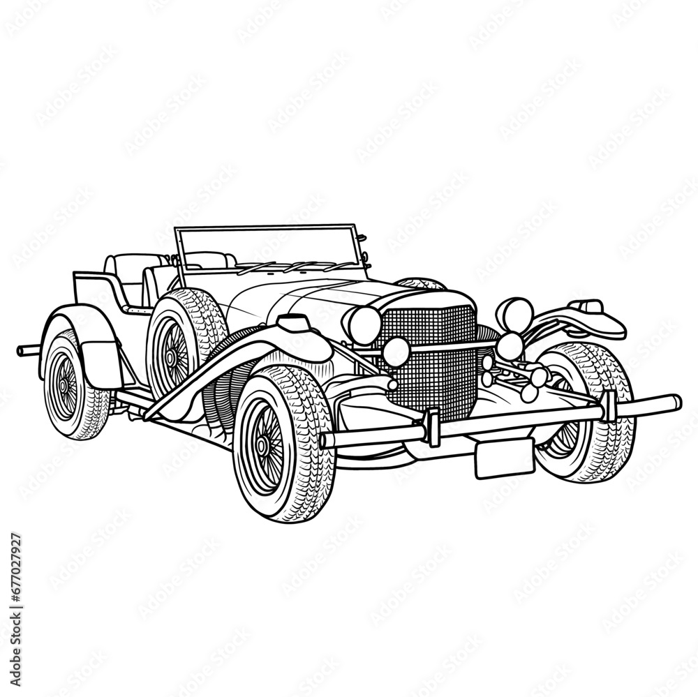 Vintage retro luxury car, 1920s American classic automobile isolated on a white background. Hand-Drawn Outline Design, Stylized vector illustration