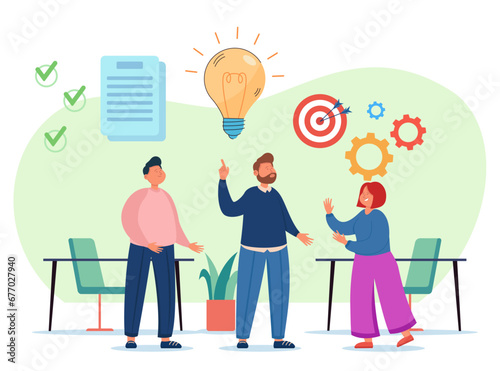 Business team working on startup project. Flat vector illustration. New idea, goal symbols on background. Innovation concept