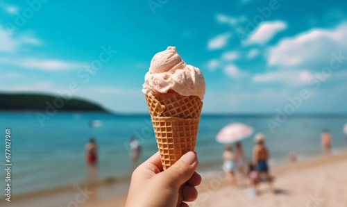 Hand hold Melting ice cream cone at beautiful beach in summer with blue sky,  Generative AI