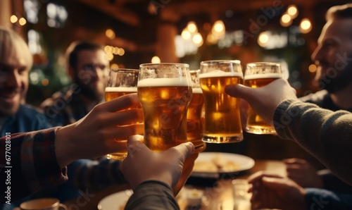 glass of beer in hand  group of happy friends drinking and toasting beer   generative ai  Generative AI