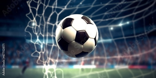 Soccer ball flew into net of the goal. Soccer ball bends the net inside soccer stadium, Generative AI © Planetary Artist