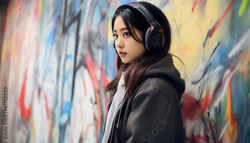Teenage girl listening to music on large headphones.