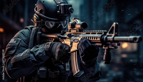 a special forces soldier police with high technology gun and weapon, Generative AI photo