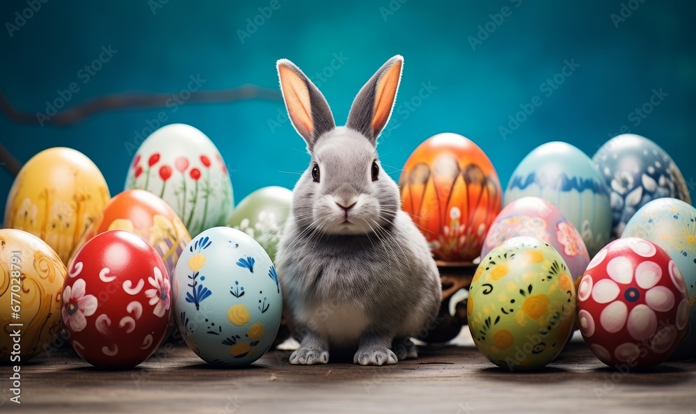 painted eggs with bunny rabbit in ester day, Generative AI