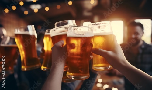 glass of beer in hand, group of happy friends drinking and toasting beer, generative ai, Generative AI