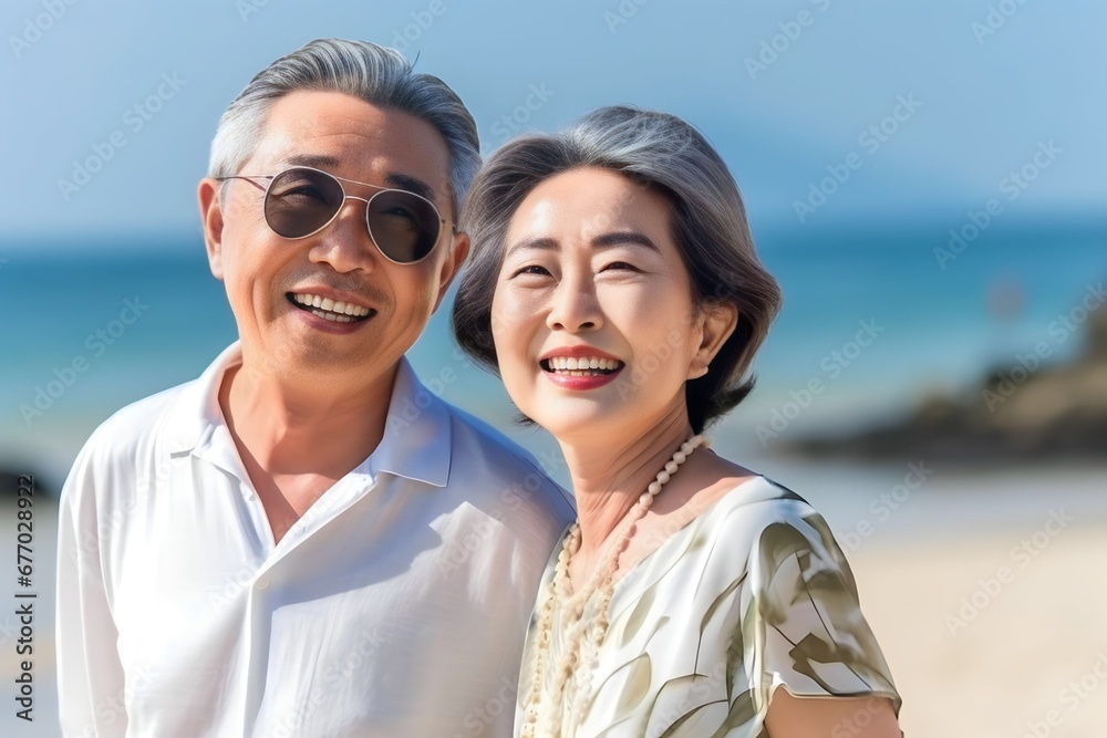 Obraz premium asian old couple at the beach