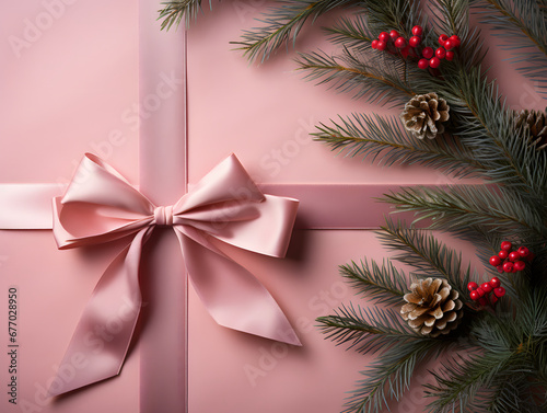 Christmas tree branches with pink ribbon on pink background with copy space.