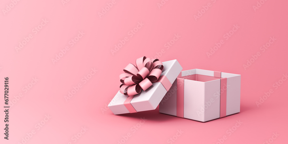 Blank open pink gift box or white present box with pink ribbon bow ...