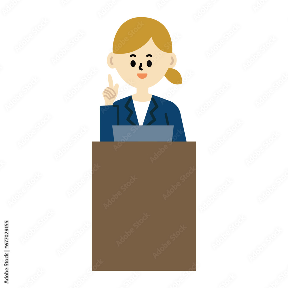 ビジネスパーソン プレゼンテーション 上半身　仕事　スーツ　女性　イラスト	
