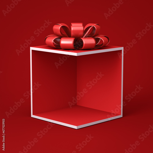 Blank display red corner gift box mockup stand with red ribbon bow isolated on dark red background minimal conceptual 3D rendering