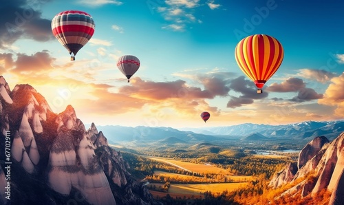 colorful hot air balloons fly in sky beautiful mountain landscape, Generative AI © Planetary Artist