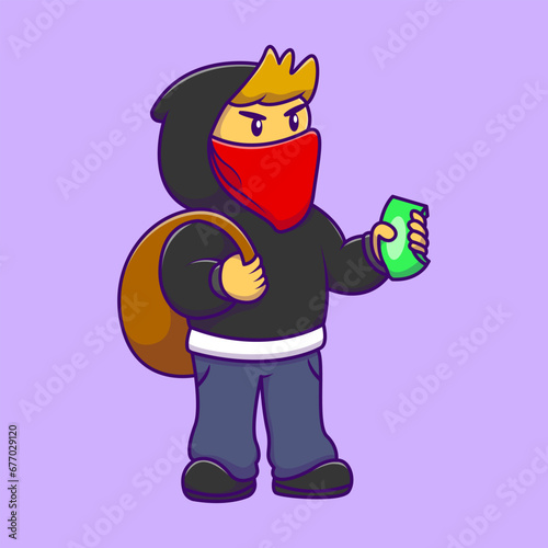 Cute Boy Heist Holding Money And Bag Cartoon Vector Icons Illustration. Flat Cartoon Concept. Suitable for any creative project.