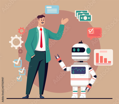 Businessman in formalwear and robot vector illustration. Money, diagrams, checkmarks. Businessman discussing business with robot. Artificial intelligence, modern technology concept