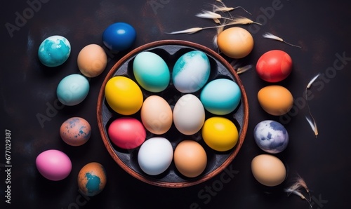 top view eggs ester colorful painted on black and dark background with copy space, Generative AI