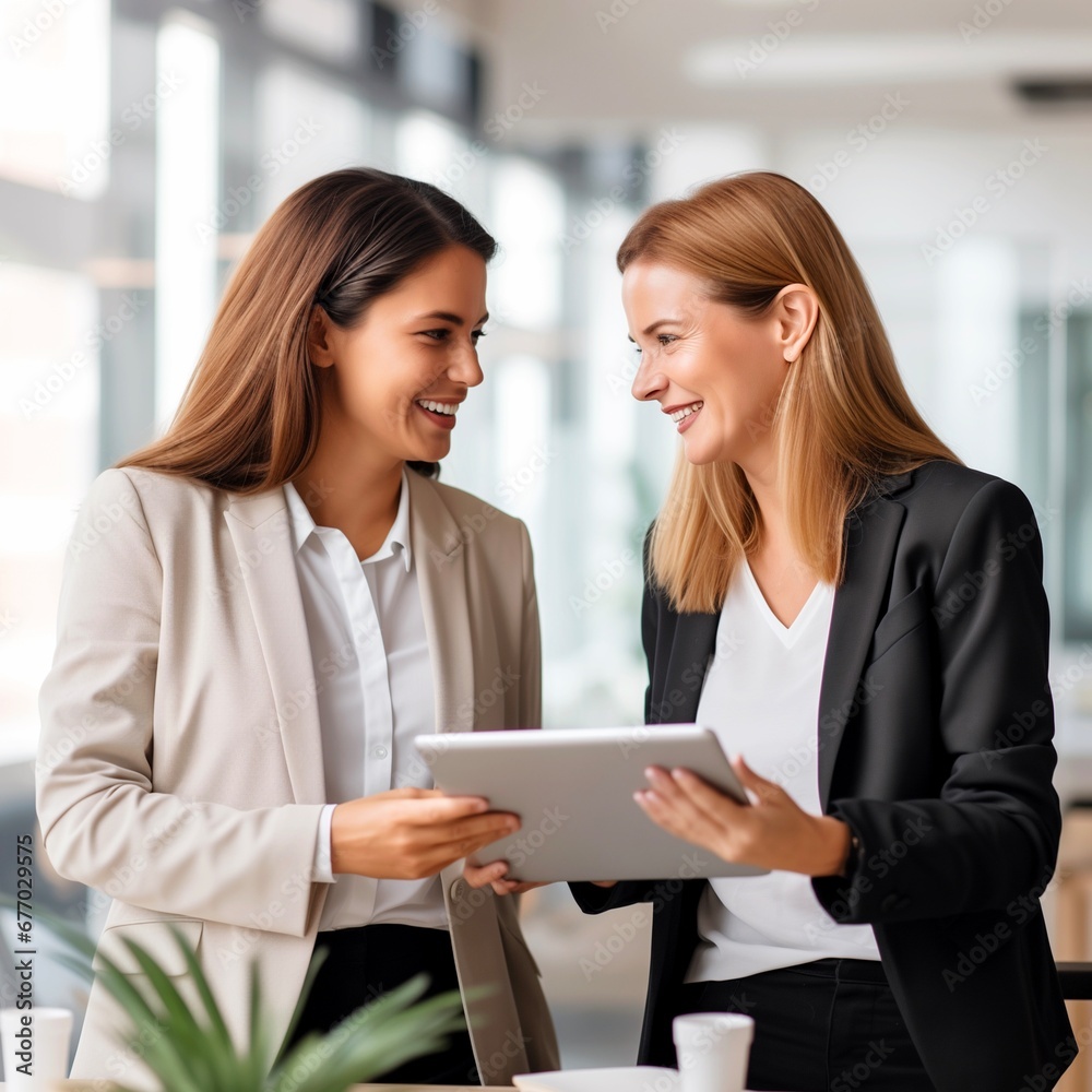 Two colleague women discussing a new project in the office while using a tablet Two colleague women discussing a new project in the office while using a tablet