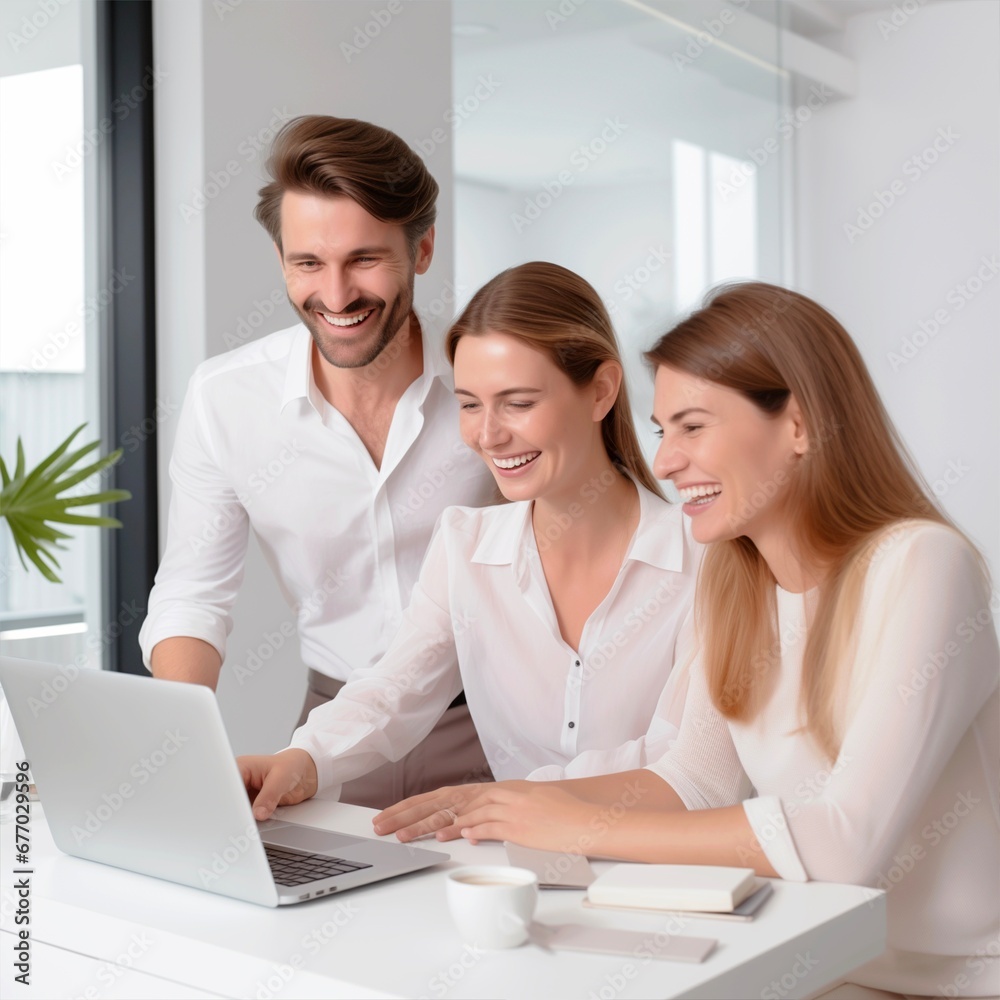 colleagues a man and two women discussing a new project while looking at a laptop colleagues a man and two women discussing a new project while looking at a laptop